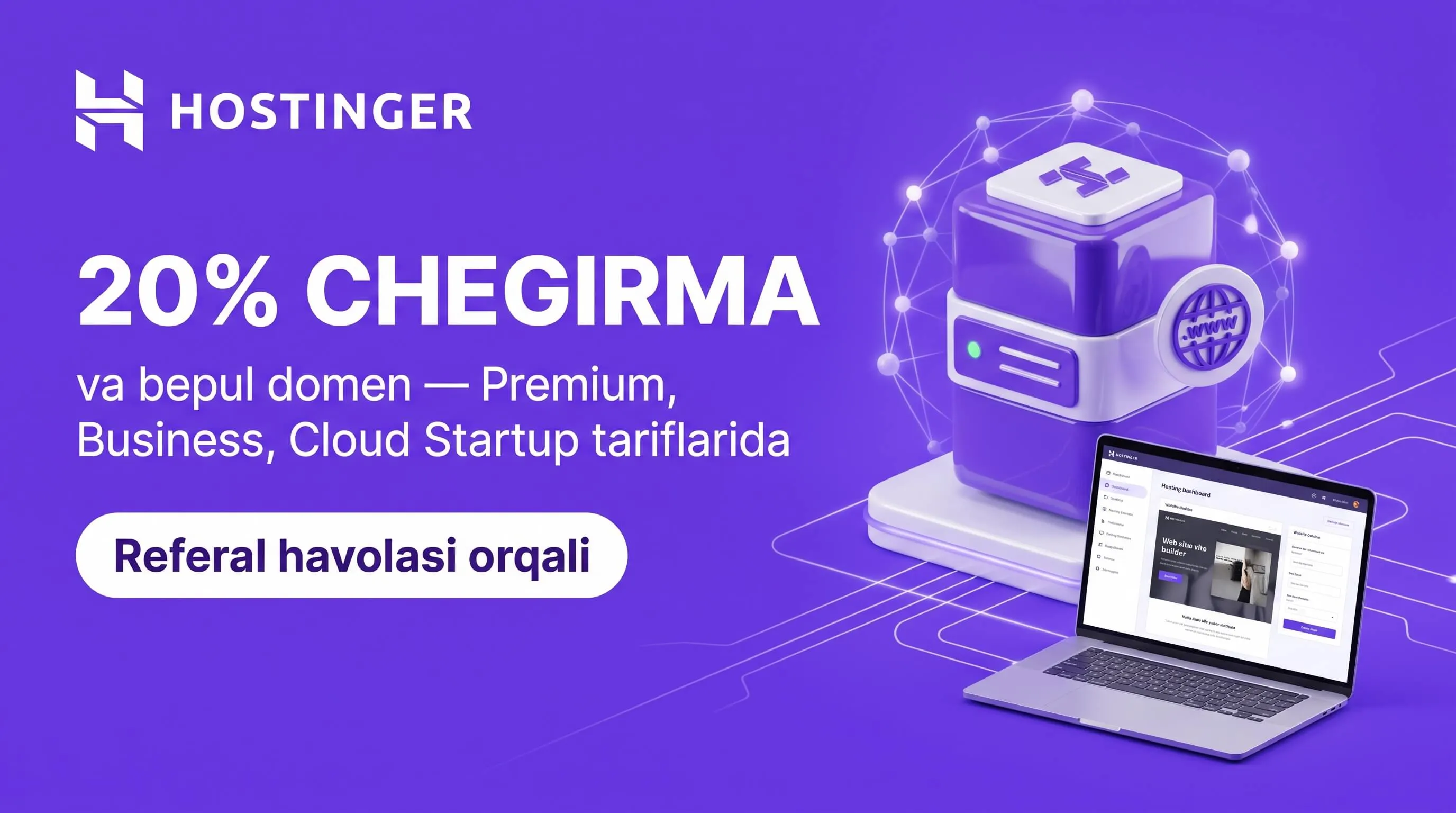 Hostinger promokod — 20% chegirma va bepul domen