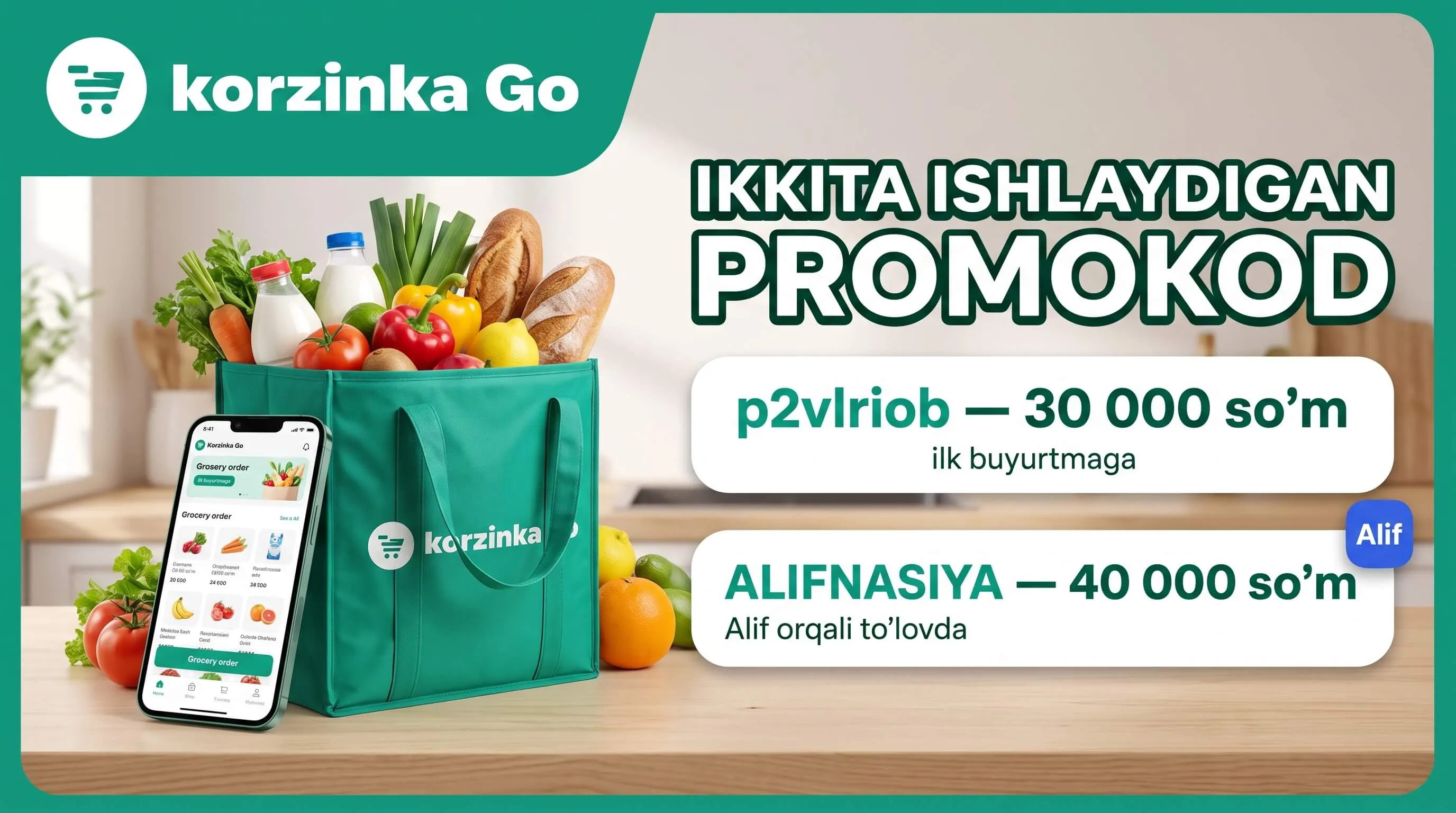 Korzinka Go promokodlari — 30 000 va 40 000 so'm chegirma