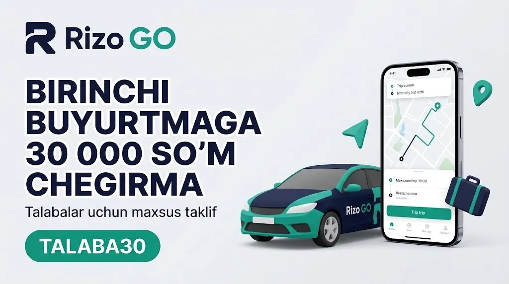 Rizo GO promokod TALABA30 — birinchi buyurtmaga 30 000 so'm chegirma