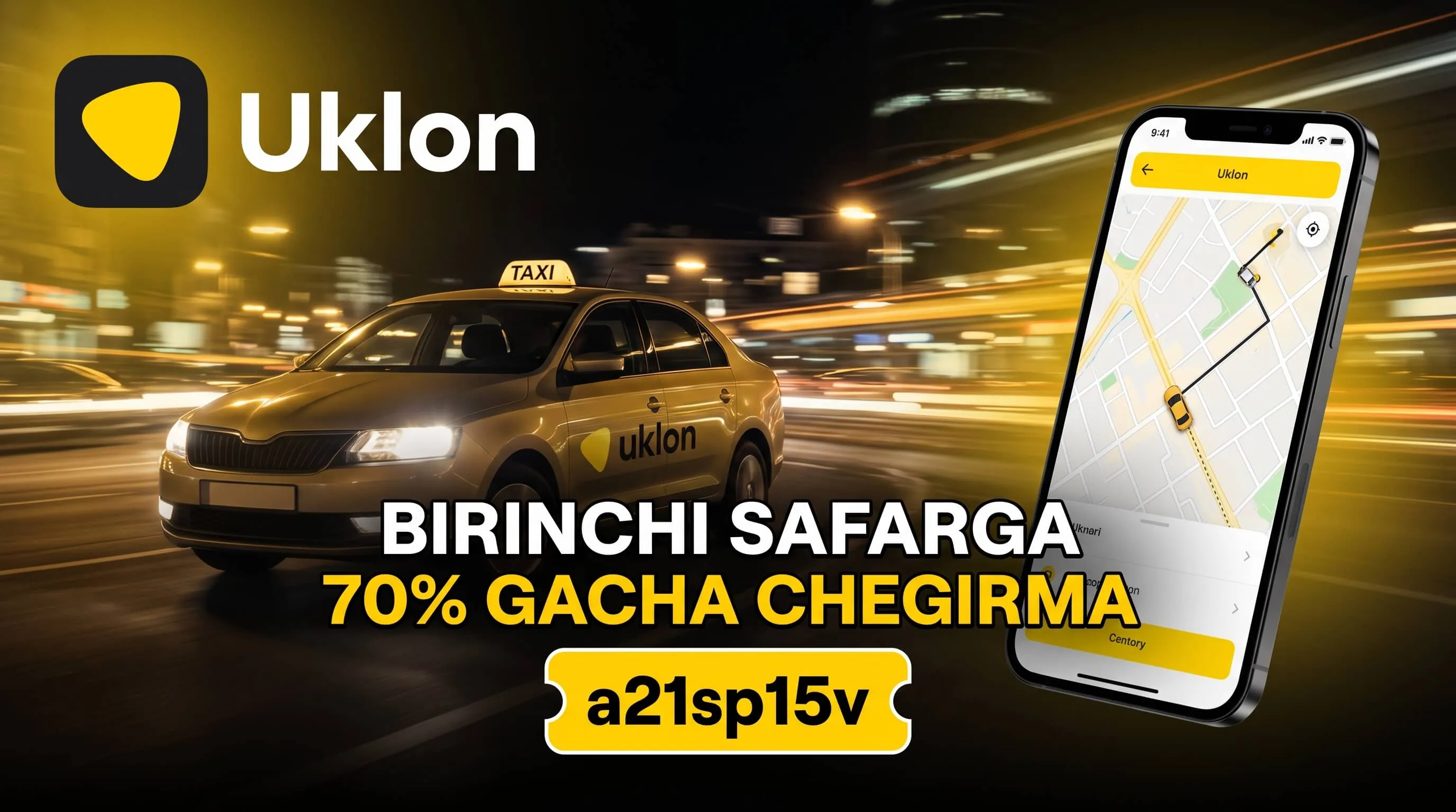 Uklon chegirmasi — birinchi 3 ta safarga 70% gacha (Toshkent)